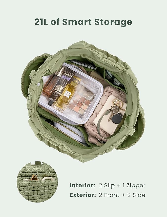 Yarnic Large Puffer Tote Bag for Women, Puffy Shoulder Handbag Quilted Tote Bag with 7 Pockets for Travel Work Gym