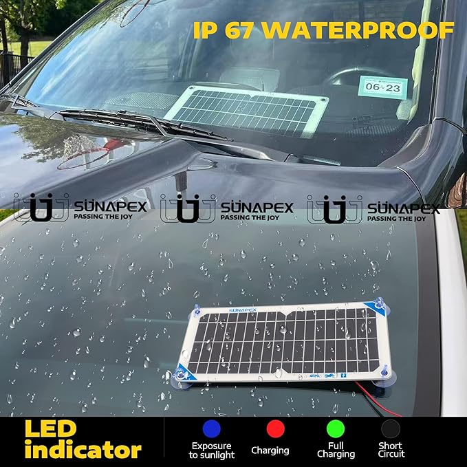 SUNAPEX Solar Battery Charger Maintainer, 10W 12V Portable Waterproof Solar Panel Trickle Charger with Built-in Charge Controller, Cig Plug, Alligator Clips, O-Rings for Car, Truck,Tractor, Boat, etc