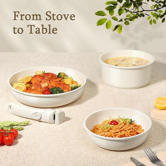 GiPP Ceramic Pots and Pans Set Non Stick, Nonstick Detachable Handle Cookware Sets, Healthy Non Toxic PFAS PFOA & PTFE Free, Dishwasher ＆Oven Safe, Induction Kitchen Pot and Pan, 8 Piece Cream