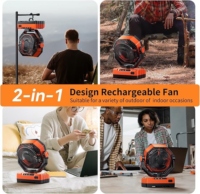 Camping LED Fan with Light, 40000Max Rechargeable Battery Powered Outdoor Tent Fan with Light and Hook, 4 Speed, Personal USB Desk Fan for Camping, Fishing, Power Outage,Hurricane, Worksite