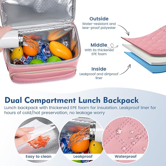 Backpack Cooler Lunch Backpack Double Decker Lunch Box,Insulated Backpack Lunch Cooler Bag, Lightweight Leakproof Lunchbox Backpack for Women Men to Travel,Picnic,Hiking,Beach,Camping