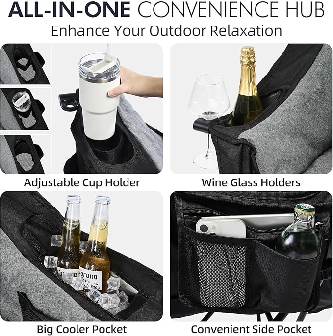 Oversized Camping Chairs for Adults - Heavy Duty Padded Outdoor Folding Lawn XL Camp Chair with Cup Holder Cooler Pockets for Outside Sports Beach Fishing Garden Portable Supports 500lbs, Black