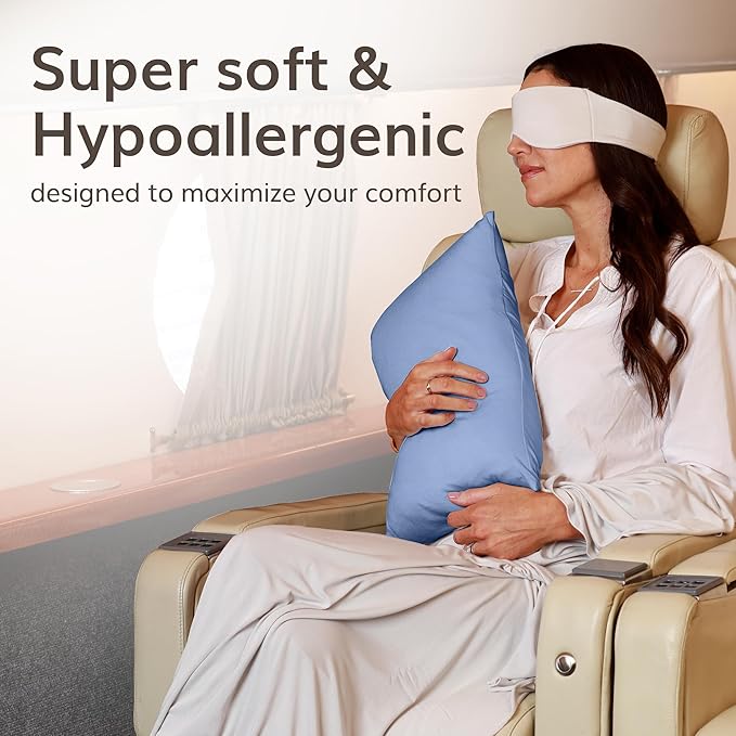 Happyluxe Odyssey Travel Pillow for Long Flights - Soft, Small, Alternative to Down and Memory Foam. 17 x 13in - Made in The USA, Serenity Blue Airplane Pillow for Adults Sleeping, Camping or Nap