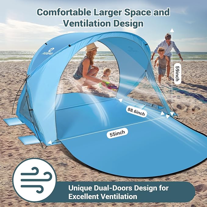 Beach Tent Sun Shelter, Beach Tent with Beach Mat Set, 4 Person Portable Beach Shade Canopy with UPF 50＋ UV Protection, Dual-Door Ventilation Design, Easy Setup Family Beach Umbrella (Blue)