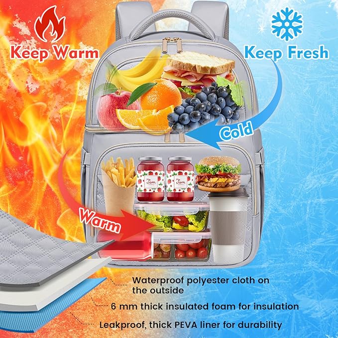 Backpack Cooler Lunch Backpack Double Decker Lunch Box,Insulated Backpack Lunch Cooler Bag, Lightweight Leakproof Lunchbox Backpack for Women Men to Travel,Picnic,Hiking,Beach,Camping