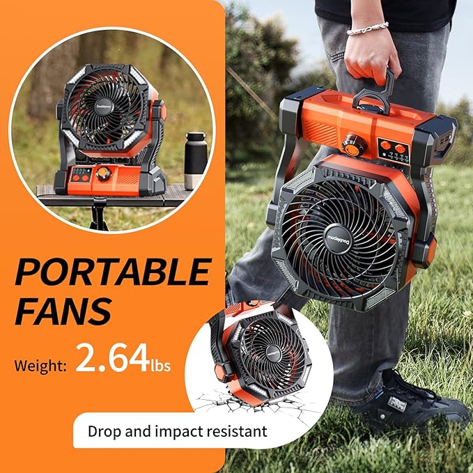 Camping LED Fan with Light, 40000m Rechargeable Battery Powered Outdoor Tent Fan with Light and Hook, 6 Speed, Personal USB Desk Fan for Camping, Fishing, Power Outage,Hurricane, Worksite
