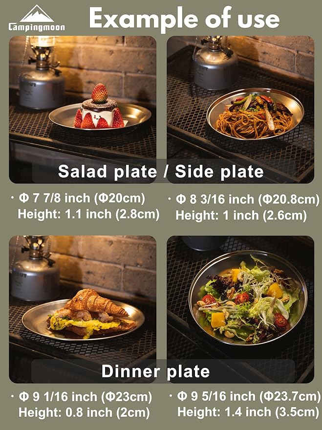 CAMPINGMOON Camping Plates 4pcs set Salad Side Dinner Plate Dishes Outdoor Tableware Stainless Steel with Canvas Case S397-1S