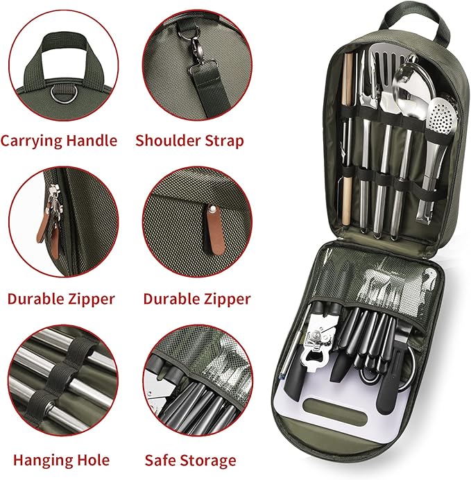 Portable Camping Kitchen Utensil Set-27 Piece Cookware Kit, Stainless Steel Outdoor Cooking and Grilling Utensil Organizer Travel Set Perfect for Travel, Picnics, RVs, Camping, BBQs, Parties and More