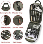 Portable Camping Kitchen Utensil Set-27 Piece Cookware Kit, Stainless Steel Outdoor Cooking and Grilling Utensil Organizer Travel Set Perfect for Travel, Picnics, RVs, Camping, BBQs, Parties and More