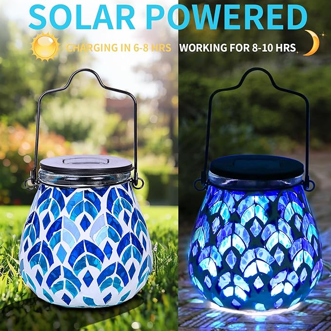 Afirst Mosaic Solar Lanterns - Glass Hanging Lights Hollow Out Waterproof Outdoor Decorative for Garden, Patio, Holiday Party Outdoor Decoration, 1 Pack