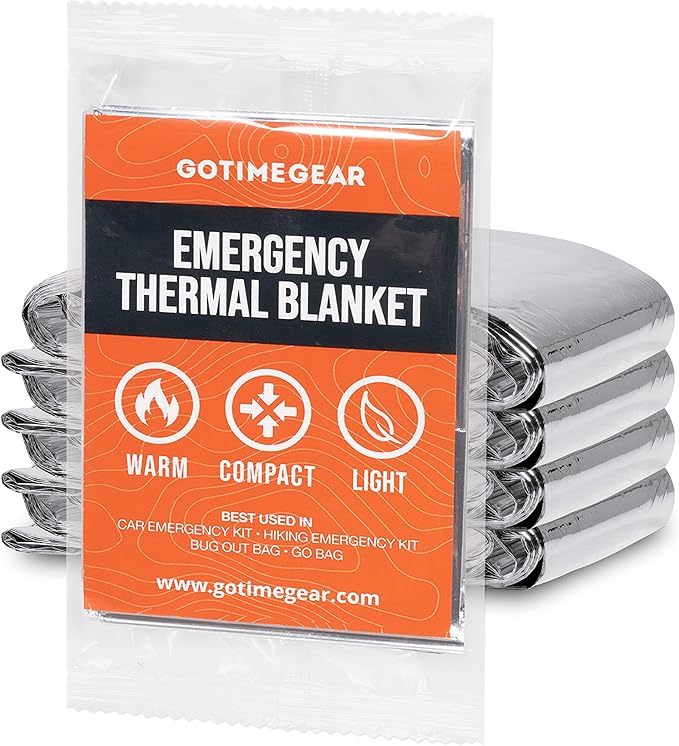 Go Time Gear Emergency Blankets for Survival (4 Pack), Mylar Emergency Survival Gear for Home, Camping, Hiking & Outdoor Survival Kits, Stay Warm, Dry, & Safe with Our Compact Space Blanket
