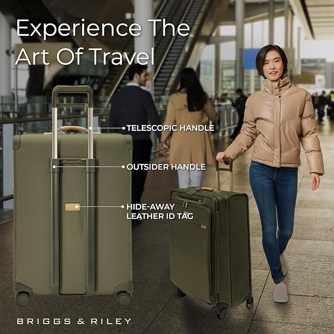 Briggs & Riley 29" Large Expandable Spinner - Checked Luggage for Travel, Suitcases with Wheels, Softside Rolling Bag for Men & Women, Self-Repairing Zipper - Baseline Collection, Olive