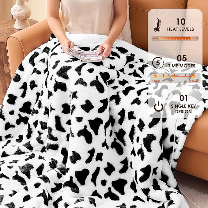 Cow Print Heated Electric Blanket Throw,50X60 Black Heating Blanket with 10 Heats Levels & 8 Hours Auto Off,Cute Cow Decor Stuff Soft Fleece Sherpa Blankets Warmer Gifts for Women Washable,ETL