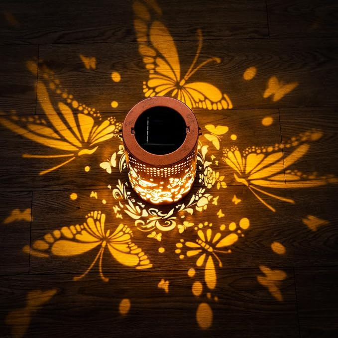 Boho Solar Lanterns Outdoor 2 Pack - Birthday Gifts for Women Mom Grandma Metal Hanging Solar Powered Unique Garden Decorative LED Lights for Outside Yard Patio Lawn Porch Decor(Butterfly)