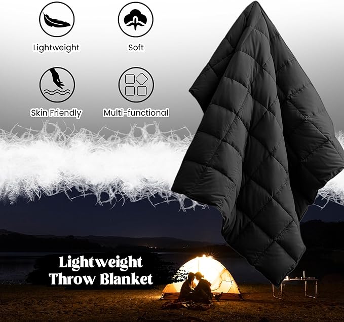 puredown® Soft Feather Down Throw Blanket Lightweight Packable Couch Throw for Indoor and Outdoor Use, 50"X70", Black