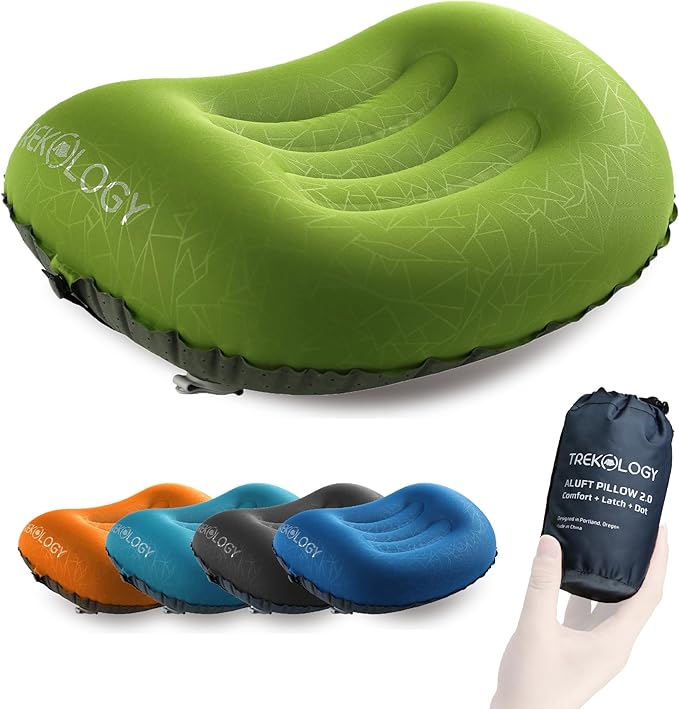 TREKOLOGY Ultralight Inflatable Camping Travel Pillow - ALUFT 2.0 Compressible, Compact, Comfortable, Ergonomic Inflating Pillows for Neck & Lumbar Support While Camp, Hiking, Backpacking