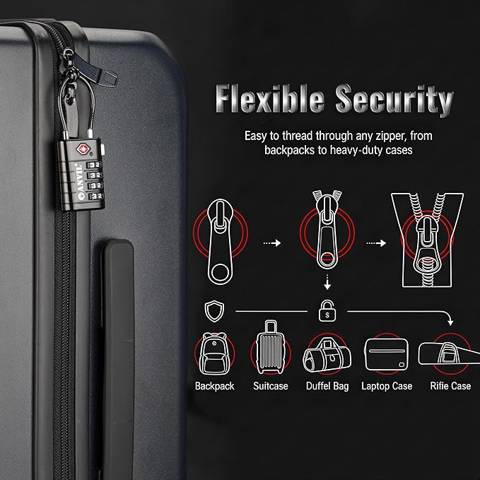 ANVIL TSA Approved Luggage Locks with Search Alert Indicator, 4-Digit Combination Suitcase Lock, Advanced TSA008 Core Heavy Duty Anti-Theft Travel Lock for Double Zippers, Backpacks (6, Black)