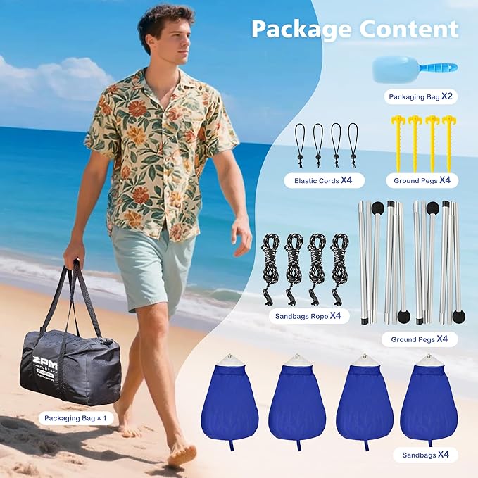 2PM SPORTS Beach Tent Canopy with UPF50+ UV Protection, Outdoor Large Beach Sun Shade Shelter for Family Picnic Camping Travel Shore Fishing, 8 Sandbags, Sand Shovel (Navy Blue, 10x10 FT)