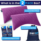 Sidney Sleep Set of 2 Queen Size Bed Pillows for Side and Back Sleepers - Adjustable Filling - Memory Foam Pillows for Neck and Shoulder Pain - Customizable Loft - Extra Foam Included (Magenta)