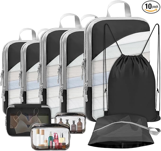 10 Set Compression Packing Cubes, Lightweight Travel Essentials, Stretchable Expandable Storage Bags, Compression Bags for Travel Accessories Luggage Storage Set (10 Pcs, Black)