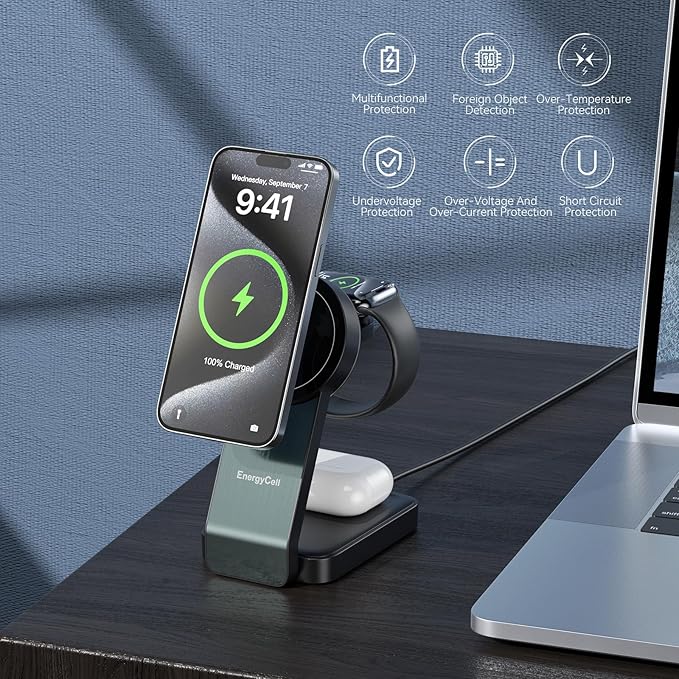 3-in-1 Wireless Charging Station for Apple Devices, Qi2 Certified 15W Charger Stand, Magnetic Foldable Fast Charger for iPhone 17/16/15/14/13/12, Apple Watch, AirPods (30W USB-C Charger Included)