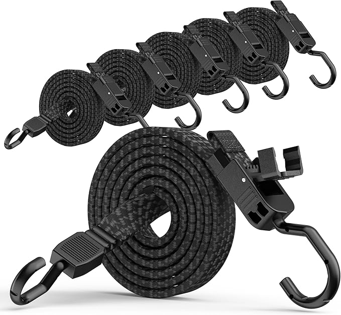 Bungee Cords with Hooks, 48 Inch Adjustable Flat Bungee Straps with Quick Release Buckle, Rubber Black Heavy Duty Elastic Cords with Metal Hooks for Bike Rack, Outdoor, Camping, Tarp, 6 Pack