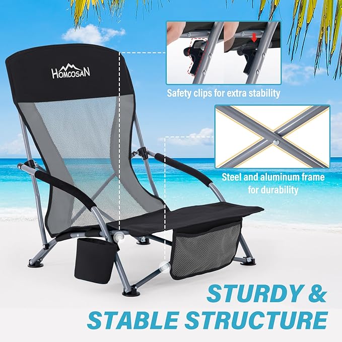 Homcosan Portable Low Folding Beach Chair - Lightweight Camping Chair for Adults with Cup Holder & Storage Pocket, Carry Bag Included (Black & Gray)