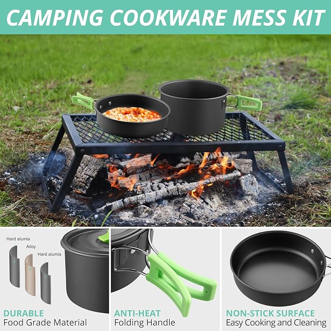 VINTEAM Camping Cookware Set 830g Stainless Steel Pot Pan Set with Folding Handle and Storage Bag for 1-2 Person Outdoor Hiking Camping
