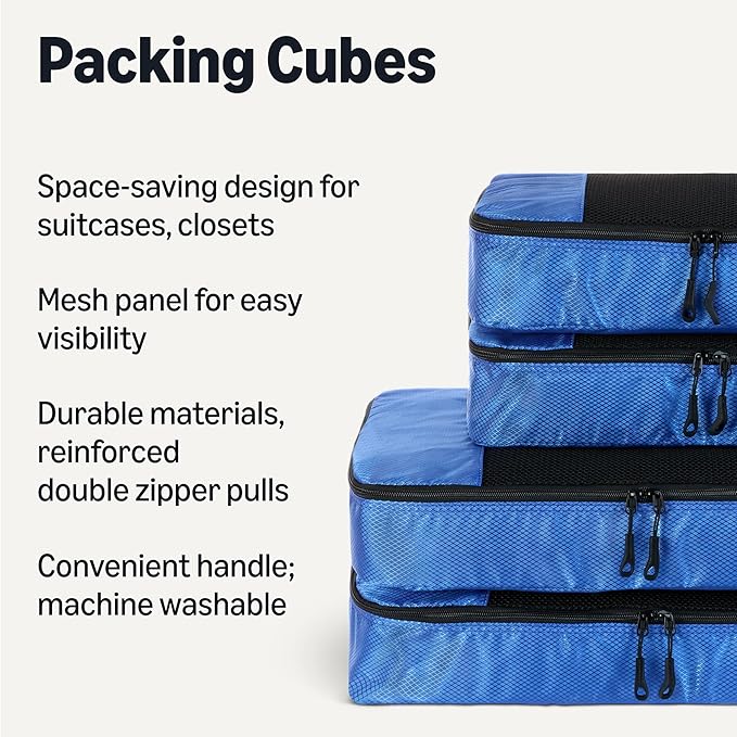 Amazon Essentials 4-Piece Packing Cubes Travel Accessories Set, Luggage Organizer with Double Zipper, Mesh Top, 100% Polyester, 2 Medium/2 Large, Blue (Previously Amazon Basics)