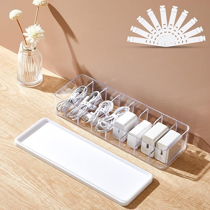 Tatuo 1 Pcs Cable Organizer Box with Wire Ties, Plastic Cord Storage Box with Lid, Electronics Organizer for Home Office Desk Organizers and Accessories (Clear,White)