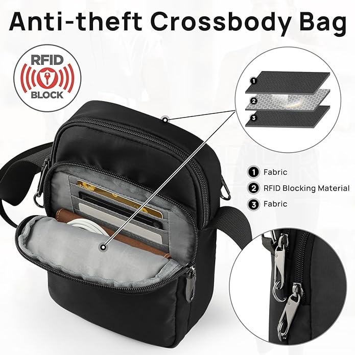 VADOO Sling Bag for Men Women, Anti Theft Crossbody Shoulder Bag with Zipper Lock, RFID Blocking & Waterproof for Travel