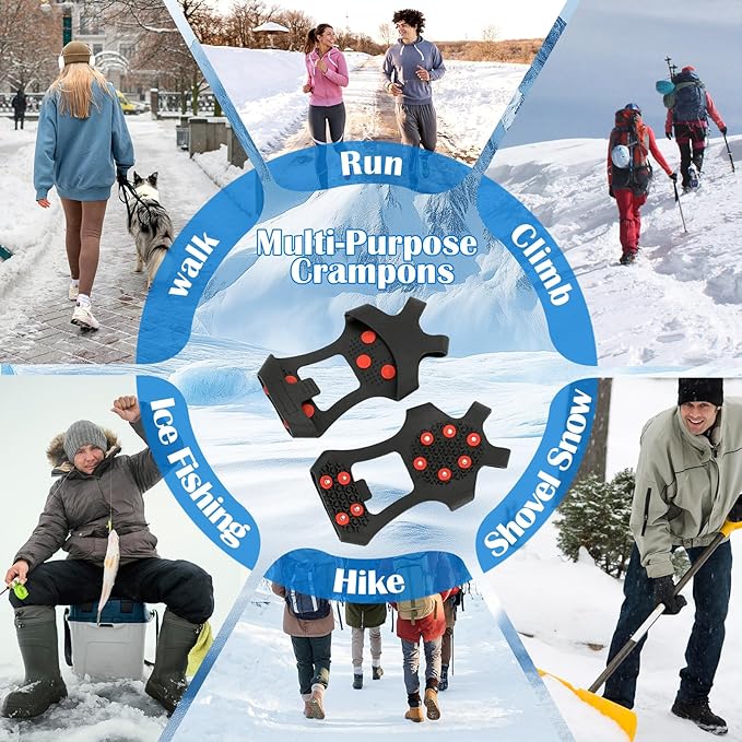 Anti Slip Ice Cleats, Ice Snow Traction Cleats for Walking on Snow and Ice, 10 Steel Studs Crampons, Ice Snow Grips with Extra 20 Replacement Studs for Shoes and Boots