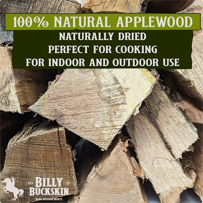 18 LB. Applewood Cooking Firewood Log & 1 LB. 100% Natural Apple Wood Chips Flavor by Billy Bucksin Co., Fatwood Fire Starter Stick Included for Outdoor Cooking, Smoking, Grilling, Camping & Fire Pit