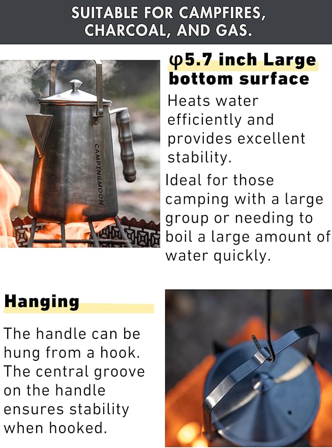 CAMPINGMOON 1.5L Campfire Kettle Stainless Steel Camping Coffee Pot Full capacity 1.86L SW-6