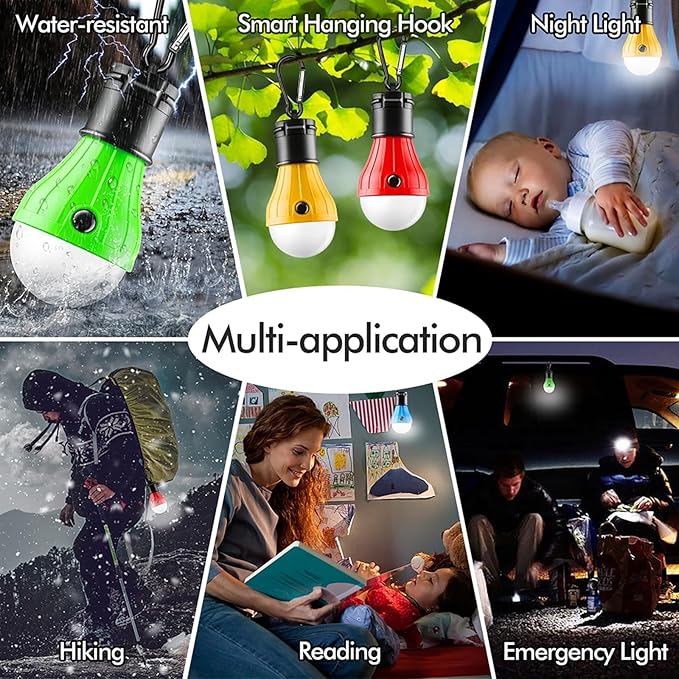 Portable LED Tent Lamp, Clip Hook Hurricane Emergency Light Bulb, Camping Equipment Lanterns for Hiking, Backpacking Outage, B-CLOSED-HOOK, 4 Packs