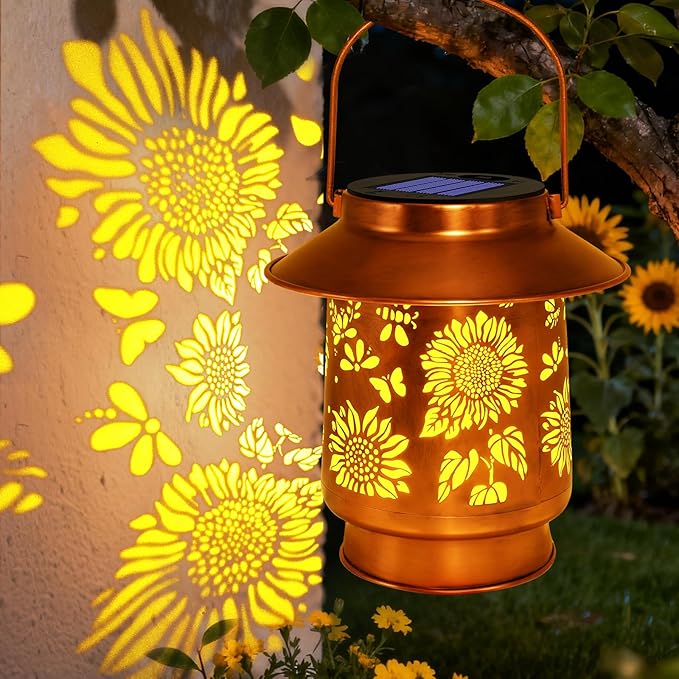 Sunflower Solar Lanterns Outdoor Waterproof Brim,Garden Decor Birthday Gifts for Women Mom Grandma,Metal Hanging Solar Lights Outside Decorative for Yard Patio Backyard Pathway