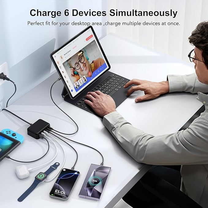 USB C Fast Charger, 100W GaN 6 Port Type C Charging Station Hub Block Cube, USB C Wall Charger Power Strip Adapter Plug for iPad iPhone 16 15 14 13 12 Pro Max Pixel Note Galaxy, 5ft Cord