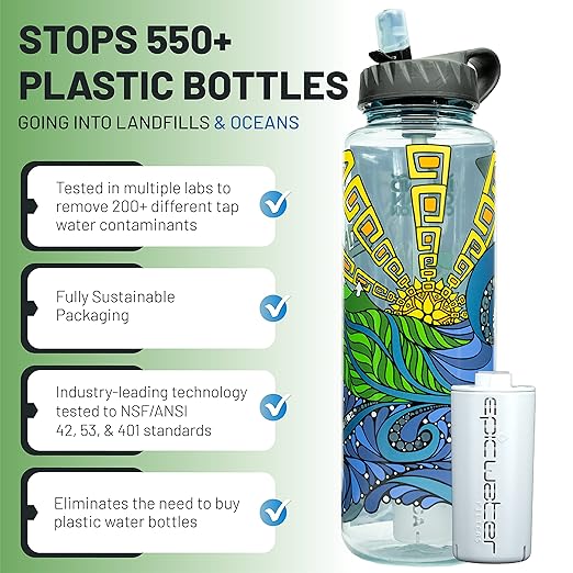 Epic Water Filters Nalgene OG Water Bottle with Filter, USA Made, BPA Free, Removes 99.99% Tap Water Contaminants, Forever Chemicals, IOC Art, 48 oz