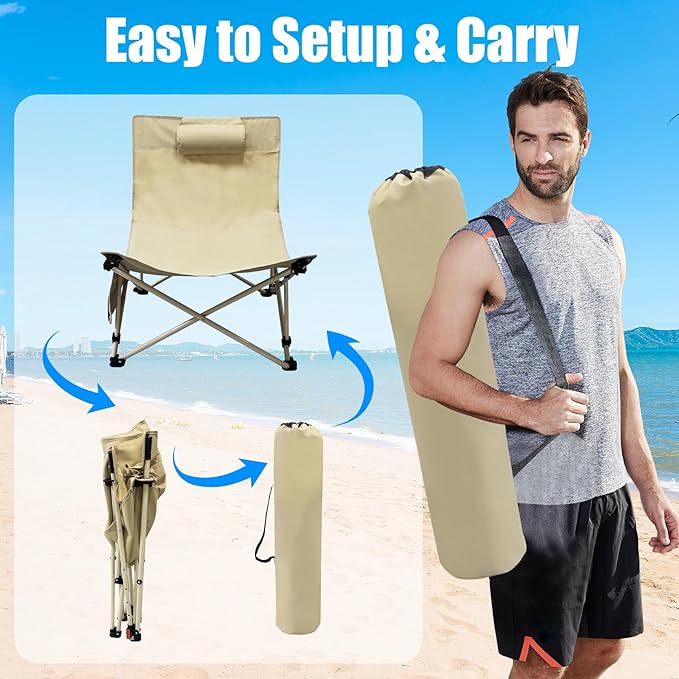Oversized Backpack Beach Chairs 2 Pack with 4 Position Lay Flat Portable Low Camping Chairs with Headrest&Side Pocket Folding Reclining Chairs for Beach Lawn Outdoor