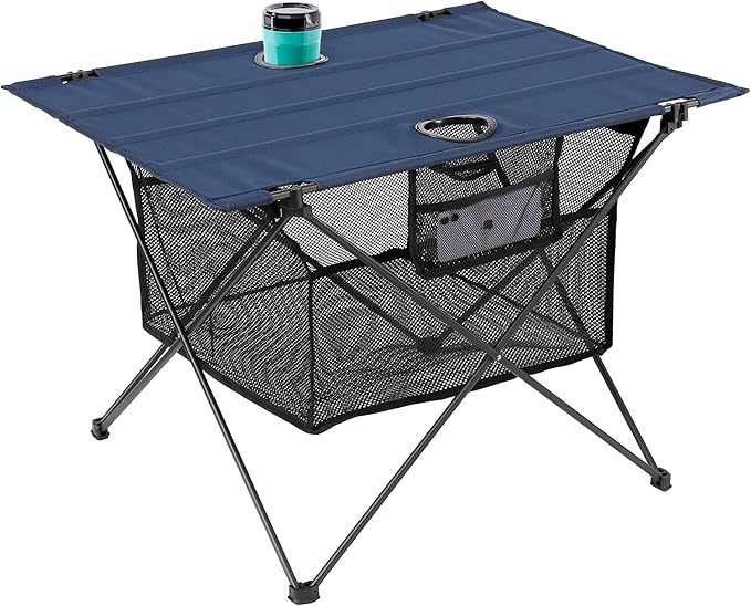 Lightweight Portable Camping Table with 2 Cup Holders - Collapsible Compact Canvas Beach Table/Side Table for Lawn Fishing & Outdoor, Large Capacity Storage, 29.2" W x 21.7" D (Blue)