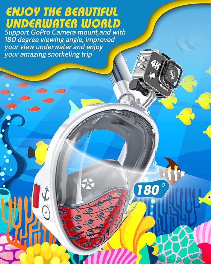 QingSong Kids Snorkel Mask Full Face, Snorkeling Set with Camera Mount, Foldable 180 Degree Panoramic View Snorkeling Gear Anti-Fog Anti-Leak