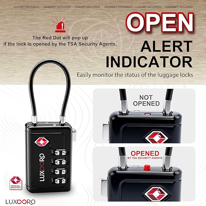 TSA Approved Luggage Lock with Alert Indicator, 4-Digit Resettable Combination, Durable Zinc Alloy Travel Lock for Suitcase, Backpack, Toolbox, Locker, All-Purpose, keyless – Black (2 Pack)
