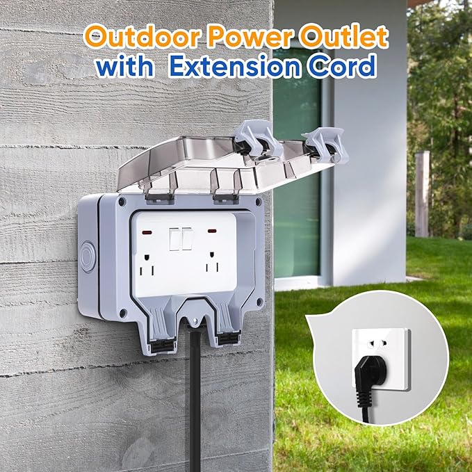 Outdoor Power Outlet,Outdoor Extension Cord Waterproof Double Wall Outlet Extender with On-Off Switch and Indicator Light，Exterior Electric External Power Outlet,Outside Outlet (32.8FT)