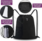 BeeGreen Black Drawstring Backpack Gym Bag For Men Women String Sports Backpack With Water Bottle Mesh Pockets And 2 Zippered Pocket Large Cinch Sackpack Workout Bag 16" x 20"