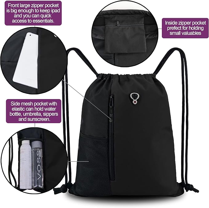 BeeGreen Black Drawstring Backpack Gym Bag For Men Women String Sports Backpack With Water Bottle Mesh Pockets And 2 Zippered Pocket Large Cinch Sackpack Workout Bag 16" x 20"