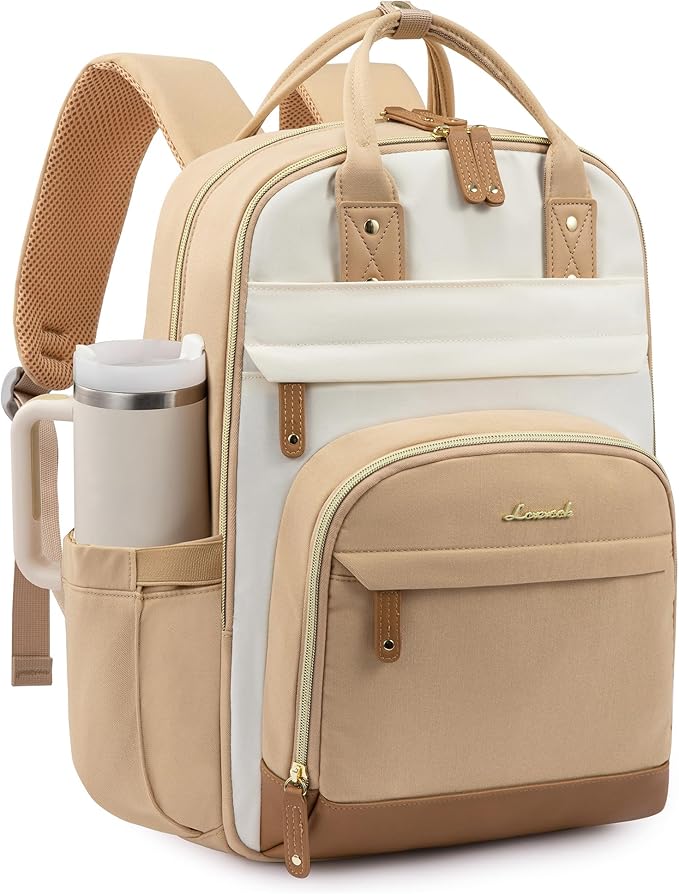 LOVEVOOK Laptop Backpack Women with Giant Tumbler Holder,18.4 inch Work Travel Backpack Computer Laptop Bag,Cute College Nurse Teacher Backpack Purse,Gifts for Women & Men,Yellow-Beige-Browny yellow