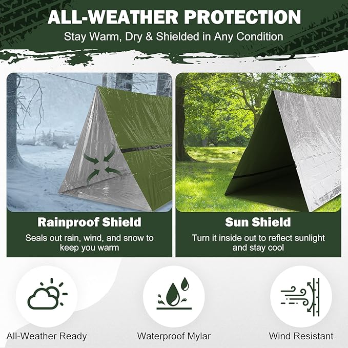 Emergency Survival Tent Life Shelter - 2 Person Mylar Emergency Shelter Tube Tent with Emergency Whistle & Paracord, All-Weather Essential Survival Gear for Camping, Hiking & Survival Kits