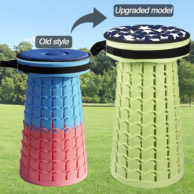 ALEVMOOM Upgraded Collapsible Stool with Thickened Cushion 18.1",600Lbs Max Weight Wider & Taller Pop Up Stool, Heavy Duty Portable Retractable Folding Chair or Travel Foot Rest for Camping & Outdoors