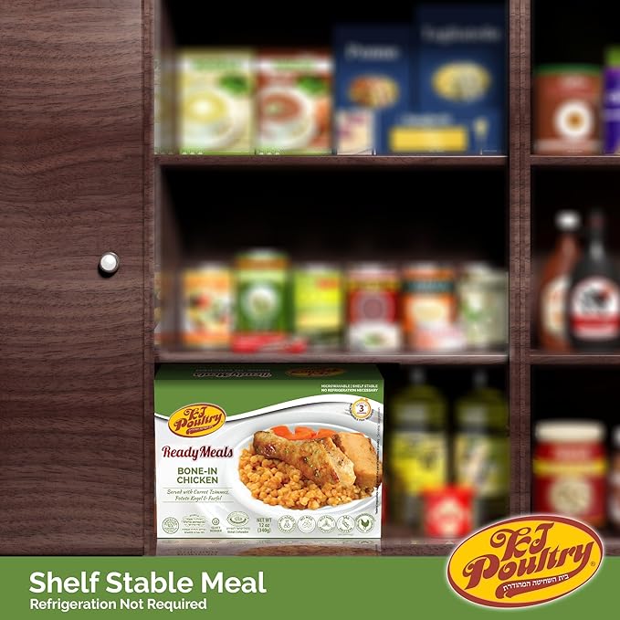 KJ Poultry Kosher Ready Meals - Bone In Chicken & Kugel, MRE Meat Meals Ready to Eat, Shabbos Food, Halal, (12 Pack) Prepared Entree Fully Cooked, Shelf Stable Microwave Dinner Travel Military Camping