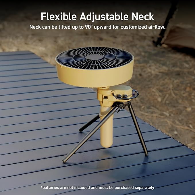 ELECOM NESTOUT Outdoor Camping Fan with Tripod, 4 Speed Settings & Breeze Mode, 3 Angle Oscillation, 90° Adjustable Tilt, Auto Timer (30/60/90 mins), USB C Compatible, Portable Tent Fan (Beige)